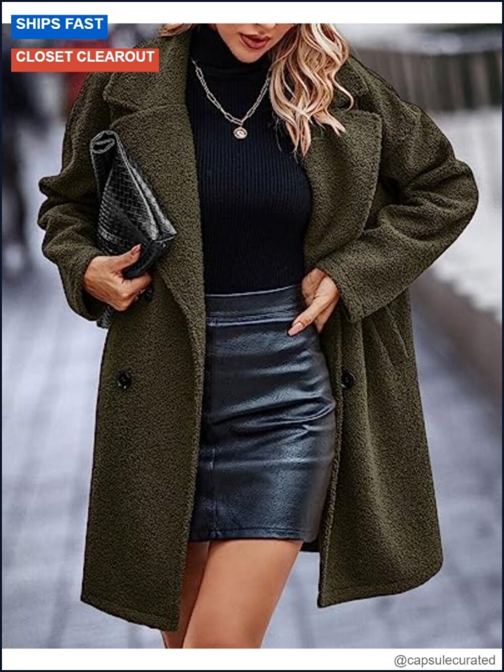Women's Faux Fur Coat Sherpa Jacket Double-Breasted Notched Lapel Long Sleeve - Picture 4 of 6